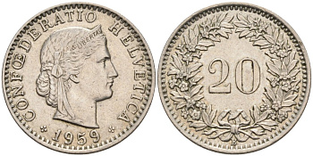 Швейцария 20 раппенов 1959 В KM 29а медно-никель 92-1253