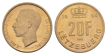 Люксембург 20 франков 1994 Великий герцог Жан (1964-2000), тираж 10.000 экземпляров KM 67 алюминиевая бронза BU 4178-742