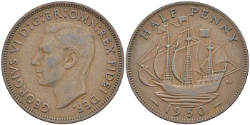 Великобритания 1/2 пенни 1950 Георг VI (1936-1952) KM 868, Spink 4118 бронза 91-543