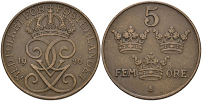 Швеция 5 эре 1926 Густав V (1907-1950) KM 779.2 бронза 4579-117
