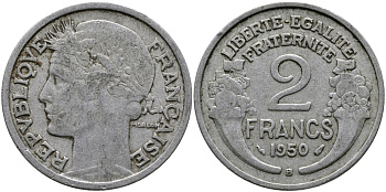 Франция 2 франка 1950 В KM 886а.2, Le Franc 269.17 алюминий 98-656