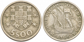 ПОРТУГАЛИЯ 5 ЭСКУДО 1968 ПАРУСНИК KM 591 медно-никель 3718-455