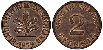 ФРГ 2 ПФЕННИГА 1959 J KM 106, J.381 бронза 72-1067