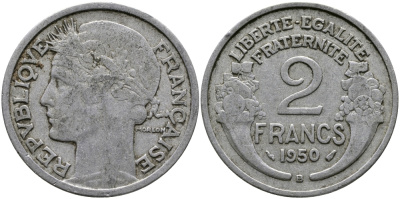 Франция 2 франка 1950 В KM 886а.2, Le Franc 269.17 алюминий 98-656