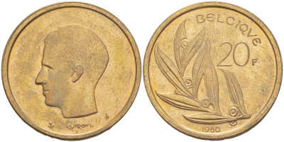 Бельгия 20 франков 1980 Belgique, Бодуэн I (1951-1993) KM 159 никель бронза 4546-245