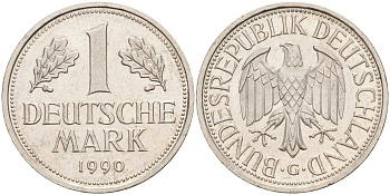 ФРГ 1 марка 1990 G KM 110, J. 385 медно-никель 4584-941