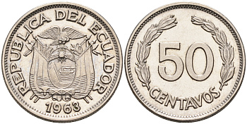 Эквадор 50 сентаво 1963 первый год KM 81 сталь плакированная никелем  UNC 4595-646