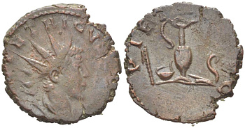 Римская Империя, императоры в Галлии антониниан 273 - 274 Тетрик II, C PIV ESV TETRICVS CAES, бюст цезаря / PIETAS AVGG, понтификальные атрибуты, Августа Треверов RIC 254 биллон 1073-20-104
