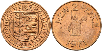 Гернси 2 пенса 1971 Елизавета II (1952-2022), ветряная мельница KM 22 бронза 4153-714