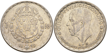 Швеция 1 крона 1949 TS, Густав VI Адольф (1950-1973) KM 814 серебро 4148-1113