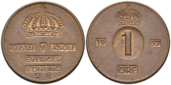 Швеция 1 эре 1957 Густав VI Адольф (1950-1973) KM 820 бронза 4580-1057