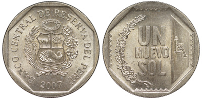 Перу 1 новый соль 2007 KM 308.4 медно-никель UNC 4605-241