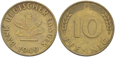 ФРГ 10 ПФЕННИГОВ 1949 D KM 103, J. 378 сталь плакированная латунью 4182-735