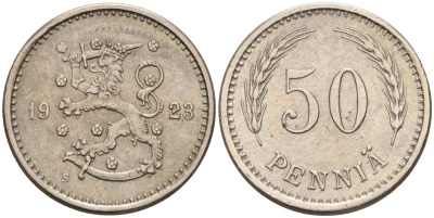 Финляндия 50 пенни 1923 республика (1918-1962) KM 26 медно-никель 4588-1063