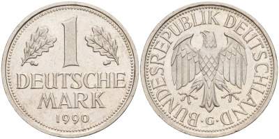 ФРГ 1 марка 1990 G KM 110, J. 385 медно-никель 4584-941