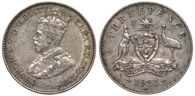 Австралия 3 пенса 1921 M, Георг V (1910-1936), герб Австралии KM 24 серебро 71-119