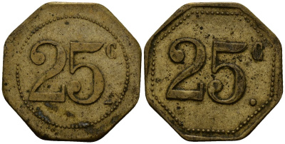 Франция 25 сантимов XIX-XX век ресторанный жетон латунь 4166-555