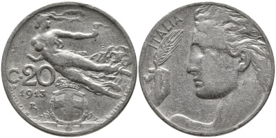 Италия 20 чентезимо 1913 R, Виктор Эммануил III (1900-1946) KM 44 никель 4175-732