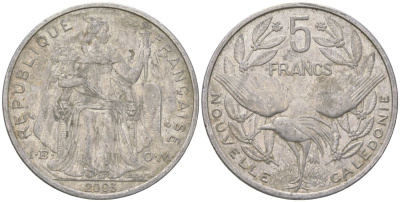 Французская Новая Каледония 5 франков 2003 птица кагу, (IEOM) KM 16, Schoen 12, Lec 81h алюминий 189-1132