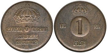 Швеция 1 эре 1952 TS, Густав VI Адольф (1950-1973) KM 820 бронза 57-1325