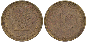 ФРГ 10 пфеннигов 1971 J KM 108, J. 383 сталь плакированная латунью 25-1744