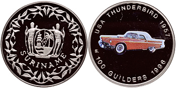 Суринам 100 гульденов 1996 США, Thunderbird 1957, эмаль KM 47 медно-никель PROOF 1524-711