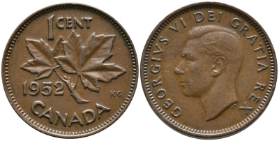Канада 1 цент 1952 Георг VI (1937-1952), кленовый лист KM 41 бронза 08-1315