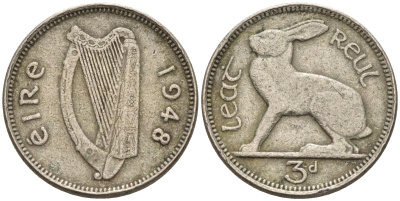 Ирландия 3 пенса 1943 заяц KM 12a медно-никель 4174-313
