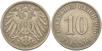 ГЕРМАНИЯ 10 ПФЕННИГОВ 1910 A KM 12, J. 13 медно-никель 31-1056