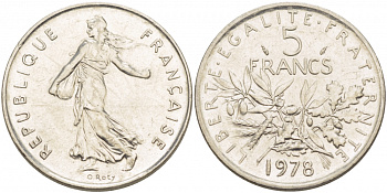 ФРАНЦИЯ 5 ФРАНКОВ 1978 СЕЯТЕЛЬ KM 926a.1, LE FRANC 341.10 медно-никель плакированный никелем 4403-1133