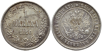 Россия для Финляндии 1 марка 1890 L, Александр III (1881-1894) KM 3.2, Биткин 230 серебро 633-225