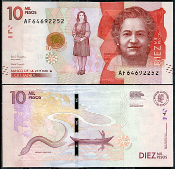 Колумбия 10000 песо 2018 Поликарпа Салавариета Риос, змеи и человек на реке Pick 453  бумага  UNC (пресс) 447-104-3