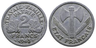 Франция 2 франка 1943 правительство Виши KM 904.1 алюминий 261-456