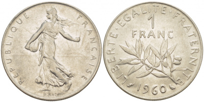 ФРАНЦИЯ 1 ФРАНК 1960 СЕЯТЕЛЬ KM 925.1, LE FRANC 226.4 никель 4523-156