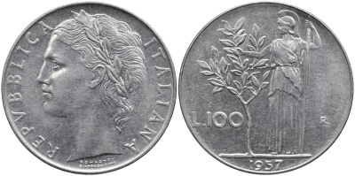Италия 100 лир 1957 R, Афина в доспехах KM 96.1 нержавеющая сталь 4165-142