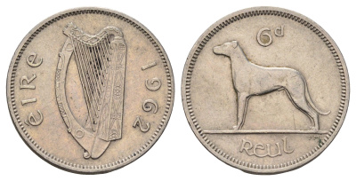 Ирландия 6 пенсов 1962 собака, ирландский волкодав KM 13a медно-никель 4682-555