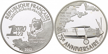 Франция 1 1/2 евро 2002 75 лет перелету Линдберга, Париж - Нью-Йорк, 20 мая 1927 года, самолет KM 1310 серебро PROOF 11-112-11