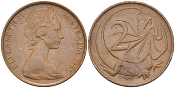 АВСТРАЛИЯ 2 ЦЕНТА 1967 ЕЛИЗАВЕТА II, МОЛОДОЙ ПОРТРЕТ, ПЛАЩЕНОСНАЯ ЯЩЕРИЦА (FRILLED LIZARD) KM 63 бронза 4385-425