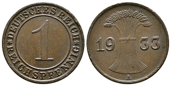 ГЕРМАНИЯ 1 РЕЙХСПФЕННИГ 1933 A KM 37, J. 313 бронза 4380-1235