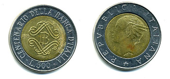 ИТАЛИЯ 500 ЛИР 1993 100 ЛЕТ БАНКУ биметалл 35-557