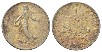 Франция 1 франк 1919 KM 844 серебро 4622-1122