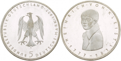 ФРГ 5 марок 1977 G, 200 лет со дня рождения Генриха фон Клейста KM 146, J. 421 серебро UNC 4545-1126