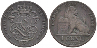 БЕЛЬГИЯ 1 САНТИМ 1899 BELGES KM 33.1 медь 116-722