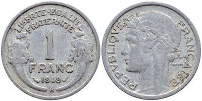 ФРАНЦИЯ 1 ФРАНК 1949 В, ТИП MORLON, LEGERE KM 885a 2, LE FRANC 221.16 алюминий 4397-656