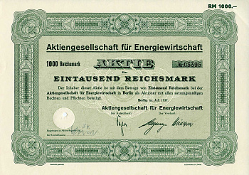 Германия 1000 рейхсмарок 1937 АО Энергетики, поставщик электроэнергии, Берлин, акция   бумага   8801-28-1