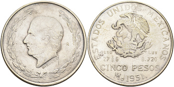 МЕКСИКА 5 ПЕСО 1951 ИМИТАЦИЯ, КОПИЯ белый металл 4552-1215