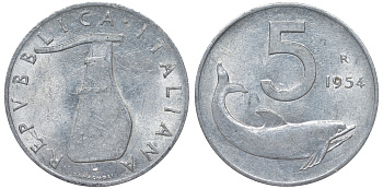 Италия 5 лир 1954 R, дельфин, состояние KM 92 алюминий 4164-424