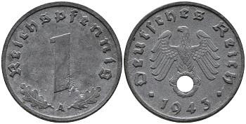 ГЕРМАНИЯ 1 РЕЙХСПФЕННИГ 1943 A KM 97, J.369 цинк 96-765