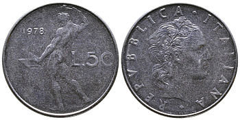 ИТАЛИЯ 50 ЛИР 1978 R, БОГ ОГНЯ ВУЛКАН У НАКОВАЛЬНИ KM 95.1 нержавеющая сталь 3333-822