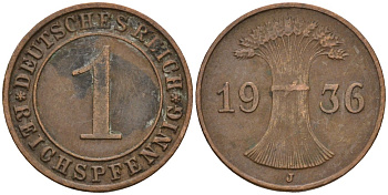 Германия 1 рейхспфенниг 1936 J KM 37, J. 313 бронза 4516-815